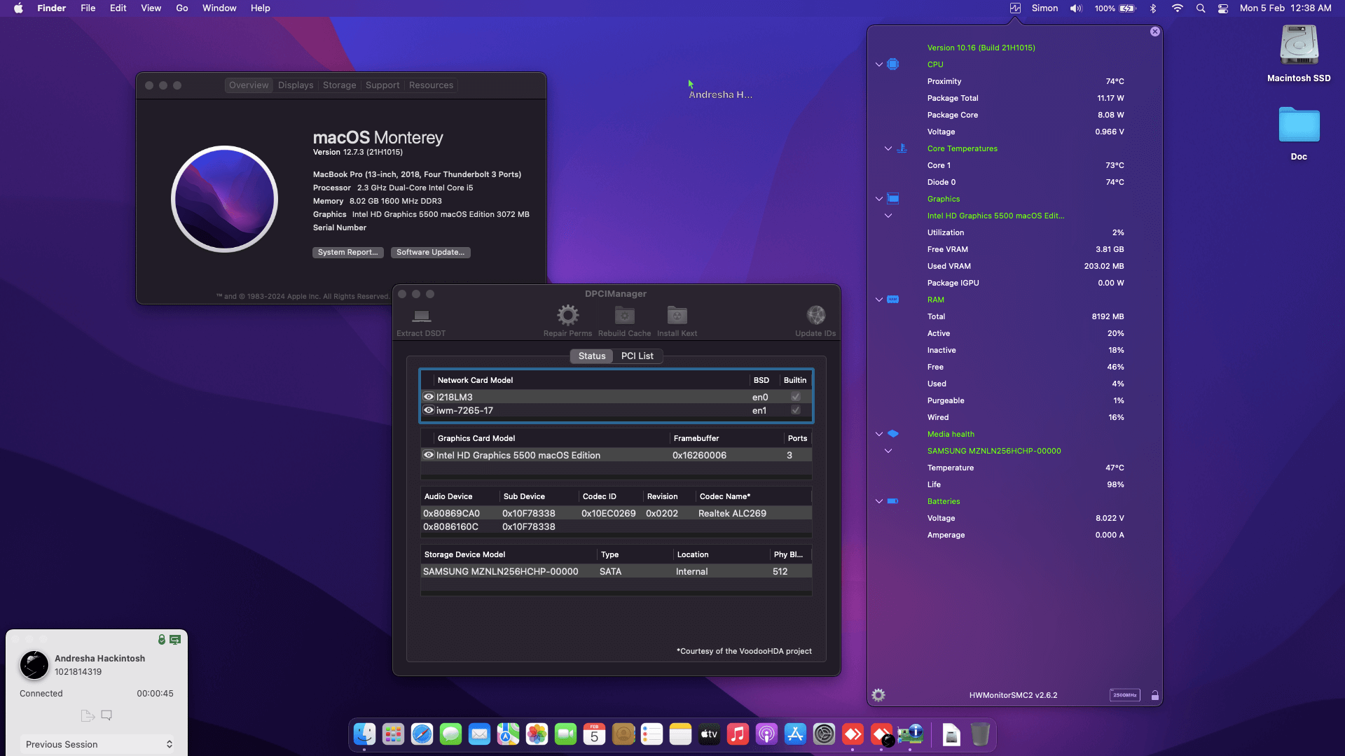 Success Hackintosh macOS Monterey 12.7.3 Build 21H1015 in Panasonic Toughbook CF-MX4 Touchscreen